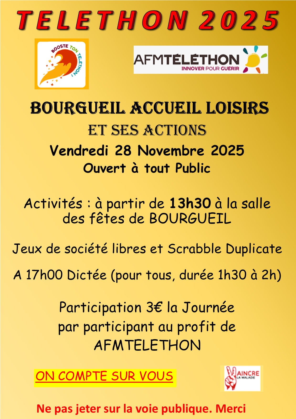 Téléthon 2025, activités et dictée pour tous